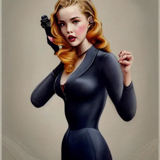 Prompt: tom bagshaw portrait, beautiful femme fatale mix of dove cameron madison beer bella poarch in a full navy marine suit, 1 9 5 0 pinup look, professionally retouched, focus eyes, ultra realistic soft painting, insanely detailed linework, symmetrical accurate intricate features, behance, 8 k