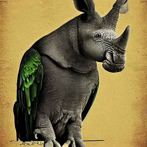 Image similar to cross between parrot and rhinoceros, digital art, drawing by RAOUL DELEO