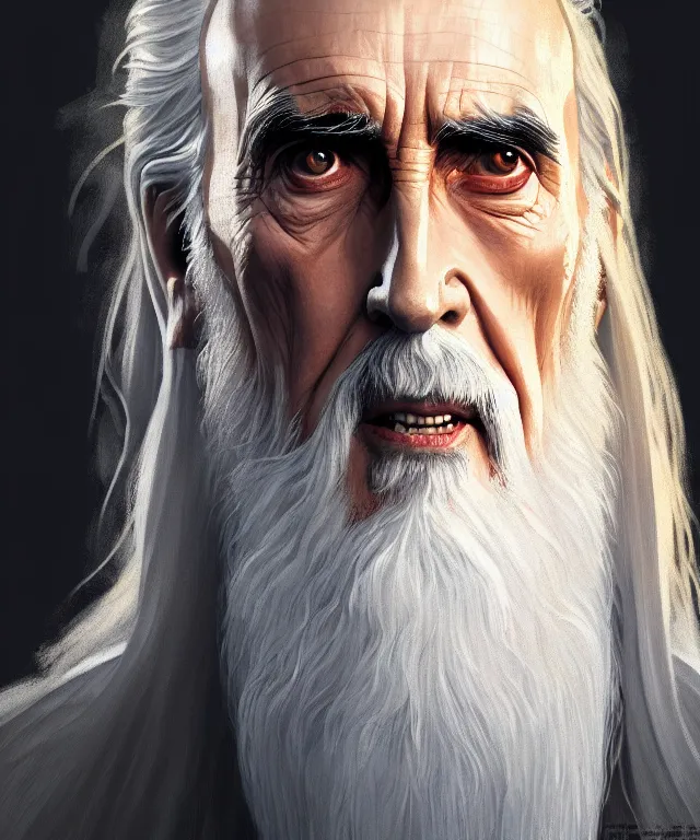 Image similar to portrait christopher lee as saruman, bandaid across his nose, caricature, headshot, highly detailed, digital painting, artstation, concept art, sharp focus, cinematic lighting, illustration, art by met mangindaan, artgerm and greg rutkowski, alphonse mucha, cgsociety