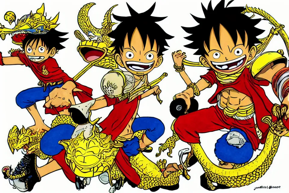 Image similar to concept sketches of luffy wearing a gold crown riding a large dragon by jamie hewlett, in the style of megaman, micro detail