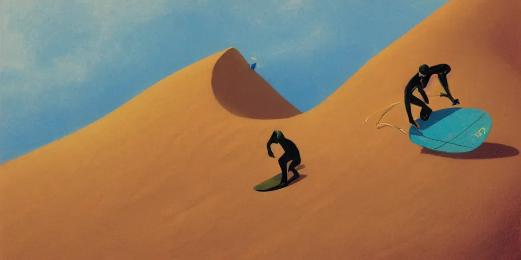 Prompt: a fremen surfing on a sand dune, frank herbert, by Paul Lehr