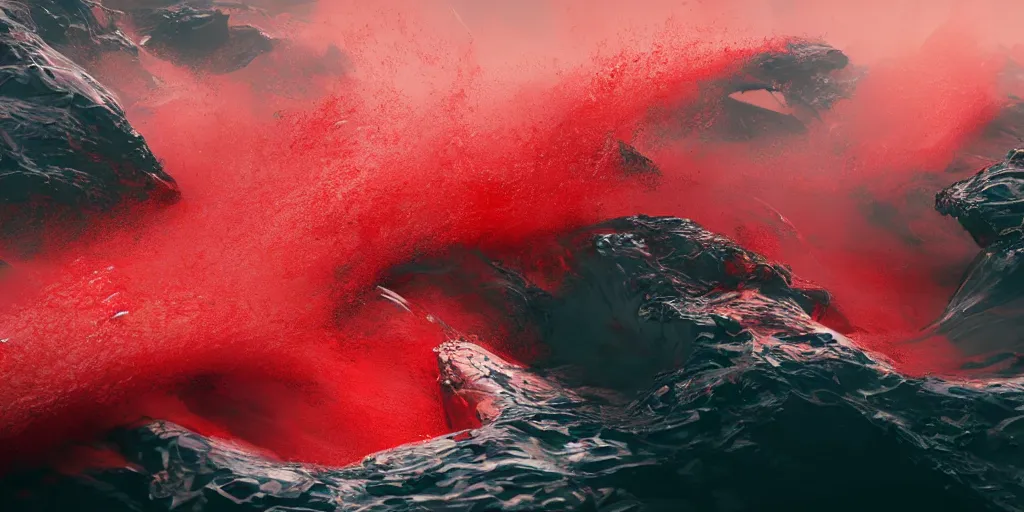 Image similar to a churning, boiling red sea with lots of smoky black and red steam, fantasy digital art, octane render, beautiful composition, trending on artstation, award-winning photograph, masterpiece