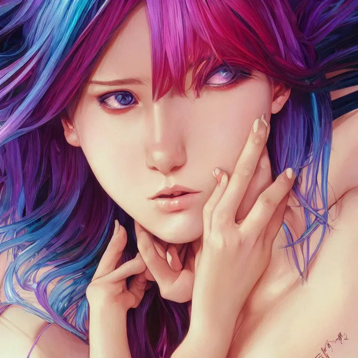 Image similar to portrait of beautiful symmetrical anime girl, rainbow hair, attractive, casual, modern, victoria's secret, highly detailed, digital painting, artstation, concept art, smooth, sharp focus, illustration, art by moebius artgerm, greg rutkowski and alphonse mucha, 8 k,