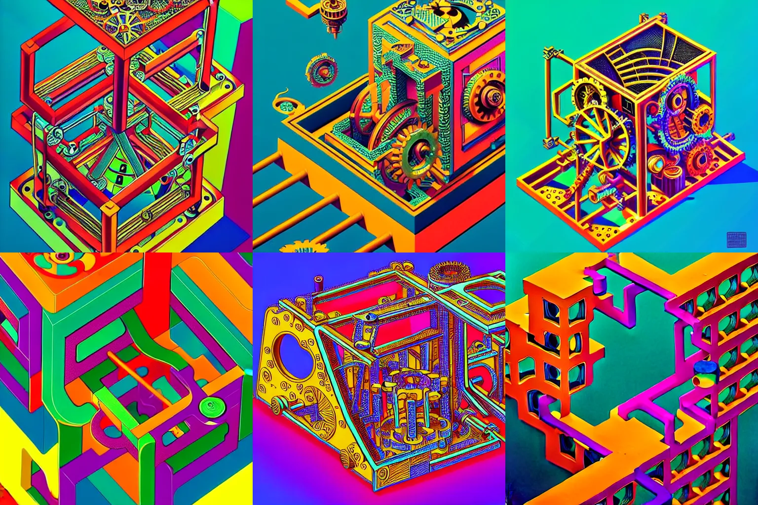 Prompt: a complicated time machine with sprockets and springs, high detail, intricate abstract, detailed abstract, isometric, optical illusion, cubism, bright colors, vivid colors, hyper detailed, high resolution, artstation, a tiny bit of M.C. Escher