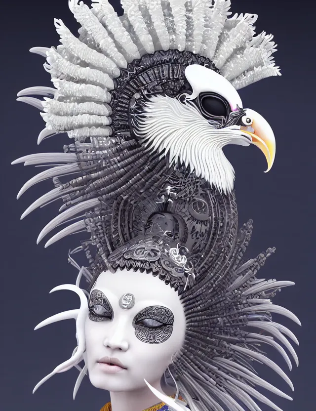 Image similar to 3 d goddess close - up profile simple portrait punk with mohawk with ram skull. beautiful intricately detailed japanese crow kitsune mask and clasical japanese kimono. betta fish, jellyfish phoenix, bio luminescent, plasma, ice, water, wind, creature, artwork by tooth wu and wlop and beeple and greg rutkowski