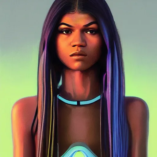 Image similar to zendaya wearing opaque reflective goggles profile picture by Greg Rutkowski, brown skin, very long hair, dune, asymmetrical, futuristic, neon volumetric lights, cool colors, streetwear, studio ghibli, Organic Painting , Matte Painting, geometric shapes, hard edges, street art, trending on the artstation, fantasy LUT, realistic by Sachin Teng + Martin Grip + Moebius, techwear, Industrial Scifi, detailed illustration, character portrait,