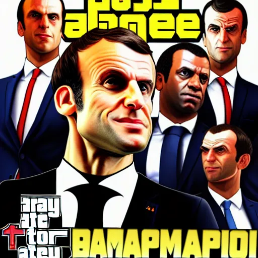 Image similar to emmanuel macron in a gta v cover art by stephen bliss