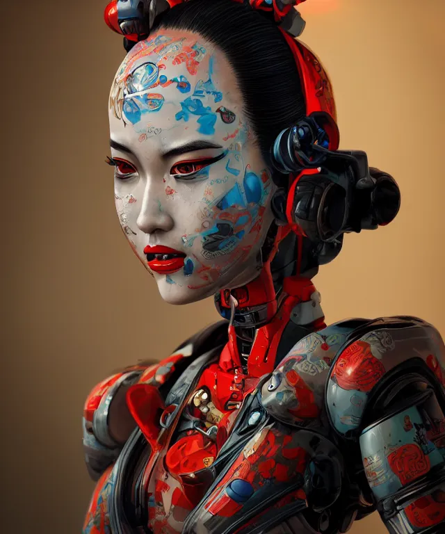 Image similar to an epic fantastic realism comic book style portrait painting of a japanese robotic geisha with kanji tattoos and decals, apex legends, octane render, intricate detail, 4 k hd, unreal engine 5