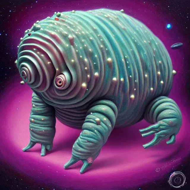 Image similar to a highly detailed tardigrade, it has a beautiful unconventional face, floating through deep space, elegant, hyperrealistic, digital painting, artstation, realism, concept art, pop, smooth, mythological, sharp focus, qualia, illustration, art by mark ryden 3 d 8 k ultra detailed