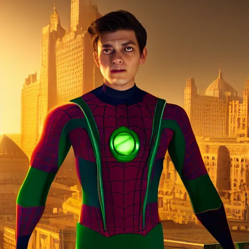 Image similar to peter parker wearing islamic clothes while talking to green lantern about the state of america, masterpiece, highly detailed, high quality, 4 k, anatomically correct, hyperrealistic, concept art, octane render, unreal engine 5, trending on artstation, trending on deviantart, matte, historical painting, fantasy style, path traced, high coherence, soft lighting, digital painting, mythical