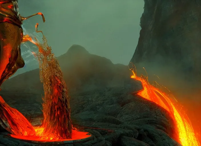 Prompt: still from a feature film avatar, goddess pele rising from a volcanoe spewing lava glowing, in style of wayne barlow, karol bak, nature futurism, pagan occultism, mystical colors, rim light, beautiful lighting, 8 k, stunning scene, raytracing, : : anamorphic lens, hyper - real, : : 8 k