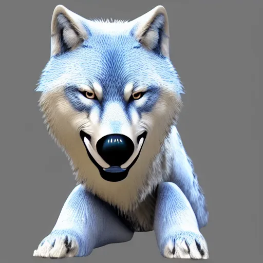 Image similar to 3 d render, well toned, female anthropomorphic wolf, blue fur with white spots, clothed.