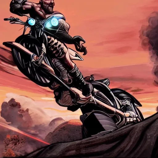 Prompt: kratos jumping a black harley - david motorcycle off a cliff