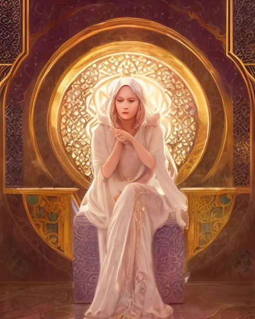 Image similar to jennifer lawrence in front of an big open quran highly detailed, gold filigree, romantic storybook fantasy, soft cinematic lighting, award, disney concept art watercolor illustration by mandy jurgens and alphonse mucha and alena aenami, pastel color palette, featured on artstation