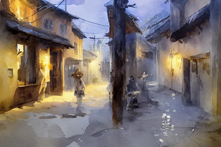 Image similar to paint brush strokes, abstract watercolor painting of rustic portuguese village at nightfall, lantern, ambient lighting, art by hans dahl, by jesper ejsing, art by anders zorn, wonderful masterpiece by greg rutkowski, cinematic light, american romanticism by greg manchess, creation by tyler edlin