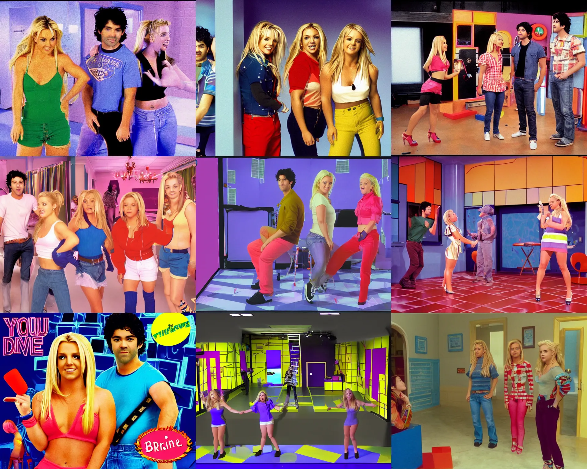 Prompt: (You Drive Me) Crazy Official Music Video, Britney Spears Melissa Joan Hart and Adrian Grenier, Diorama, Isometric, Split-Complementary-Colors, 2.5D, 16-bit RGB, CRT, Scan Lines, Blizzard North 1997