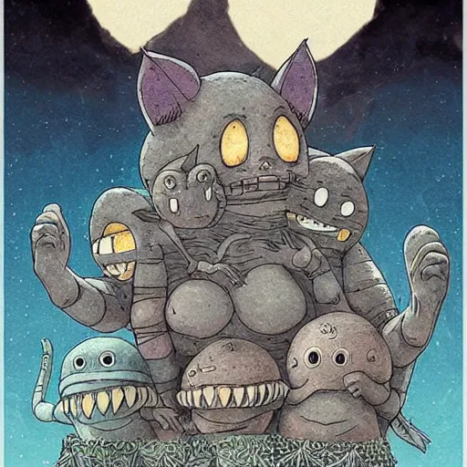 Image similar to cute monster lurking behind a happy family by studio ghibli, color, highly detailed, detailed, intricate, scary, horror, eerie, nightmares, dark, dramatic, 8 k