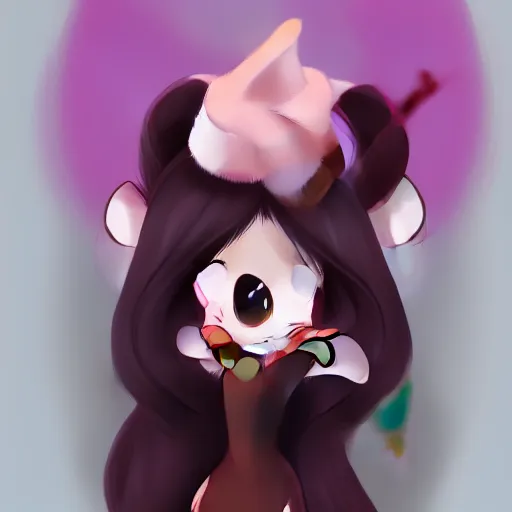 Image similar to headshot of young female furry, maple story, cute, fantasy, intricate, long hair, dark grey skin, mouse face, maplestory mouse, dark skin, mouse head, mouse ears, black hair, elegant, cartoony, Deviantart, artstation, character art of maple story, smooth, sharp focus, illustration, art by Diives