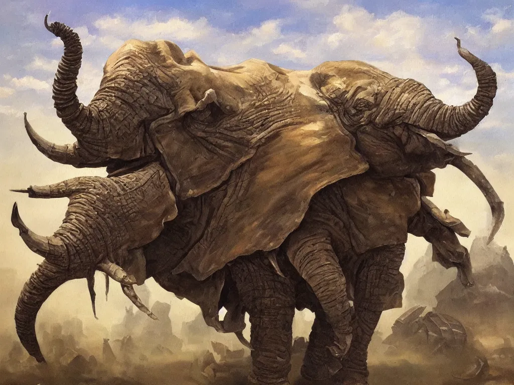 Prompt: a dramatic oil painting of an armored war elephant standing on its back feet. Original artwork from magic the gathering. Award winning, very detailed, dramatic lighting, green and brown color palette