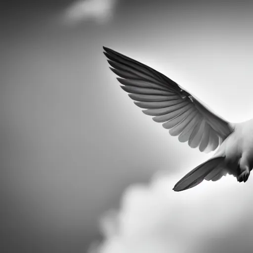 Image similar to a realistic photo of a white dove flying towards the camera, solid black background, high contrast, 8k, film grain, highly detailed, professional photography