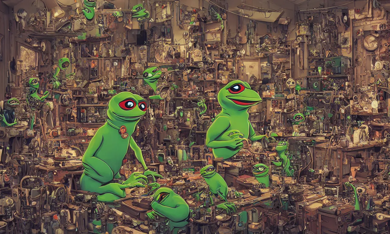 Image similar to an extremely cluttered animatronic pepe repair shop in 2067, art by Josan Gonzales and Dan Hillier, extremely detailed, fine detail, 8K