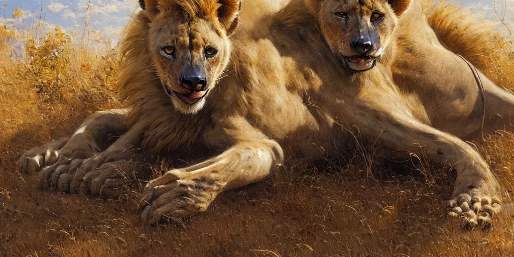 Image similar to an exhausted lion hyena in tshit and jeans. highly detailed painting by gaston bussiere, craig mullins, j. c. leyendecker 8 k