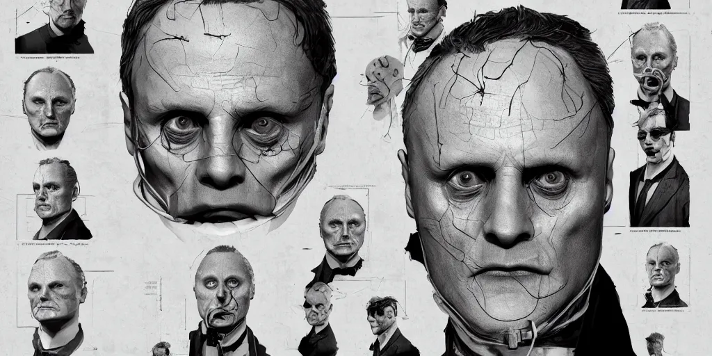 Prompt: hannibal lecter, character sheet, concept design, contrast, hot toys, kim jung gi, greg rutkowski, zabrocki, karlkka, jayison devadas, trending on artstation, 8 k, ultra wide angle, pincushion lens effect