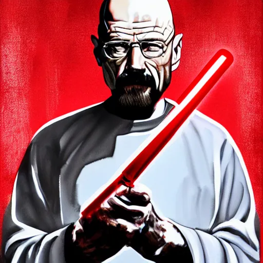 Image similar to Walter White holding a red light saber, accurate anatomy, accurate hands, highly detailed, digital art, portrait,