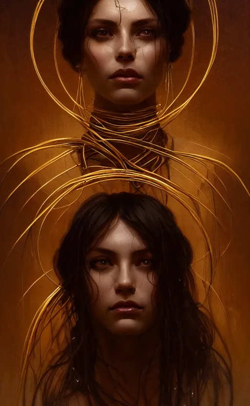 Prompt: portrait of a dark goddess, gold wires, visible veins and nerves, intricate, headshot, highly detailed, digital painting, artstation, concept art, sharp focus, cinematic lighting, illustration, art by artgerm and greg rutkowski, alphonse mucha, cgsociety