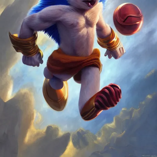 Image similar to sonic the hedgehog as a Greek god, gorgeous, amazing, muscular, fit, very muscular male body, intricate, highly detailed, digital painting, artstation, concept art, sharp focus, illustration, art by greg rutkowski and alphonse mucha