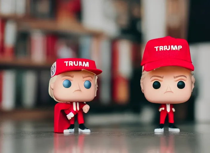 Image similar to !dream product still of Donald Trump wearing a red cap funko pop with box, 85mm f1.8