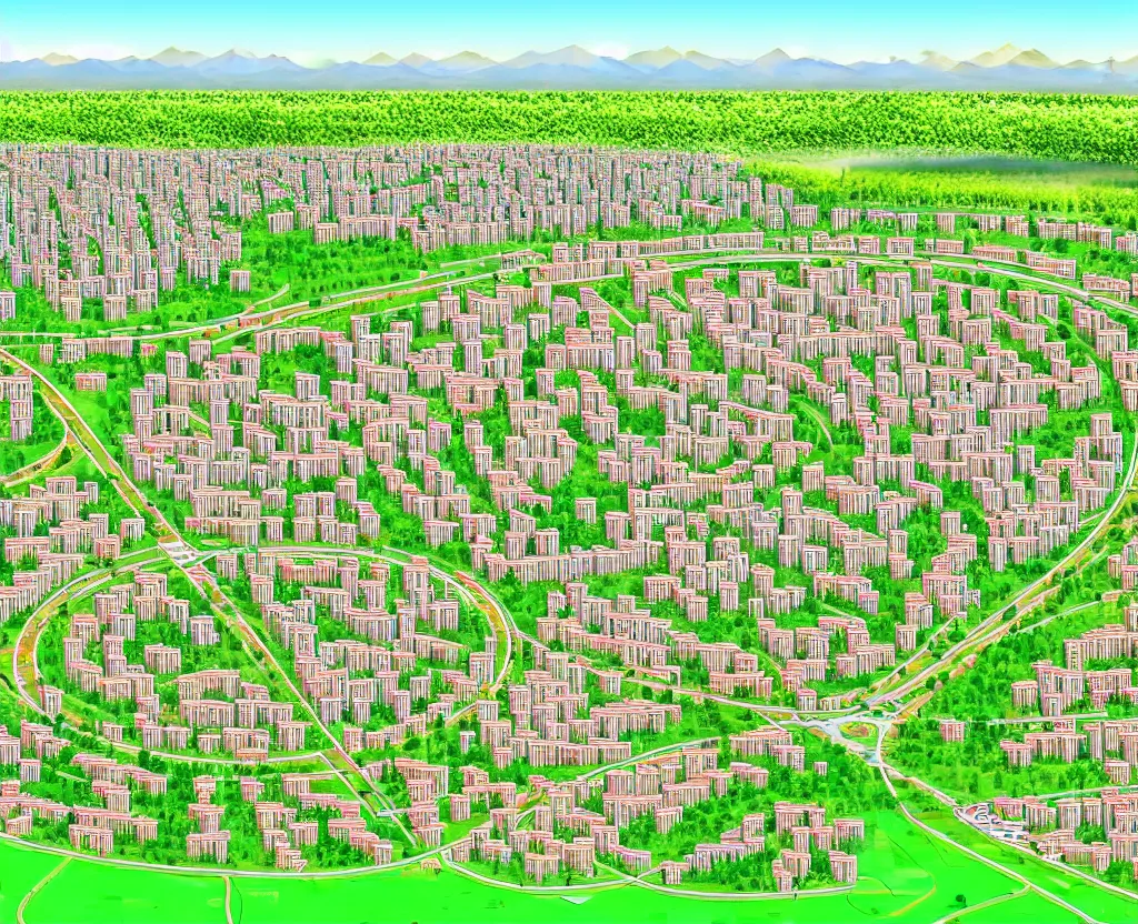 Prompt: bishkek city in the 2 0 3 3 year, with 1 0 0 meters building in the center of area, with yurts around the center, yurts are surrounded by green trees and big mushrooms, each yurt has several water barrels at the top, each yurt is surrounded by wind generator and solar panel, highly detailed drawing