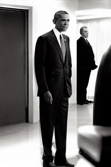 Prompt: a photo taken with the flash on of Obama standing ominously in the corner of the room