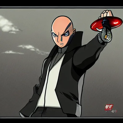 Prompt: Agent 47 in a scene from naruto, trending on pixiv, concept art, pen and ink, art by Viroie and moebius