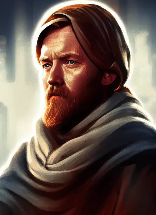 Image similar to a portrait of obi - wan kenobi as a jesus, cyberpunk, grim - lighting, high - contrast, intricate, elegant, highly detailed, digital painting, artstation, concept art, smooth, sharp focus, illustration