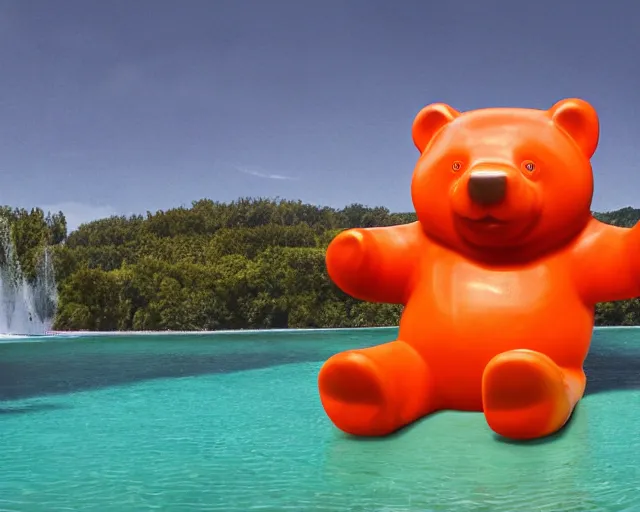 Prompt: a giant sculpture of a giant gummy bear on the water, award winning, hyper - realistic, very detailed, realistic water, ray tracing, 8 k resolution, long - shot, sharp focus, low angle, 8 5 mm photograph, wide lens