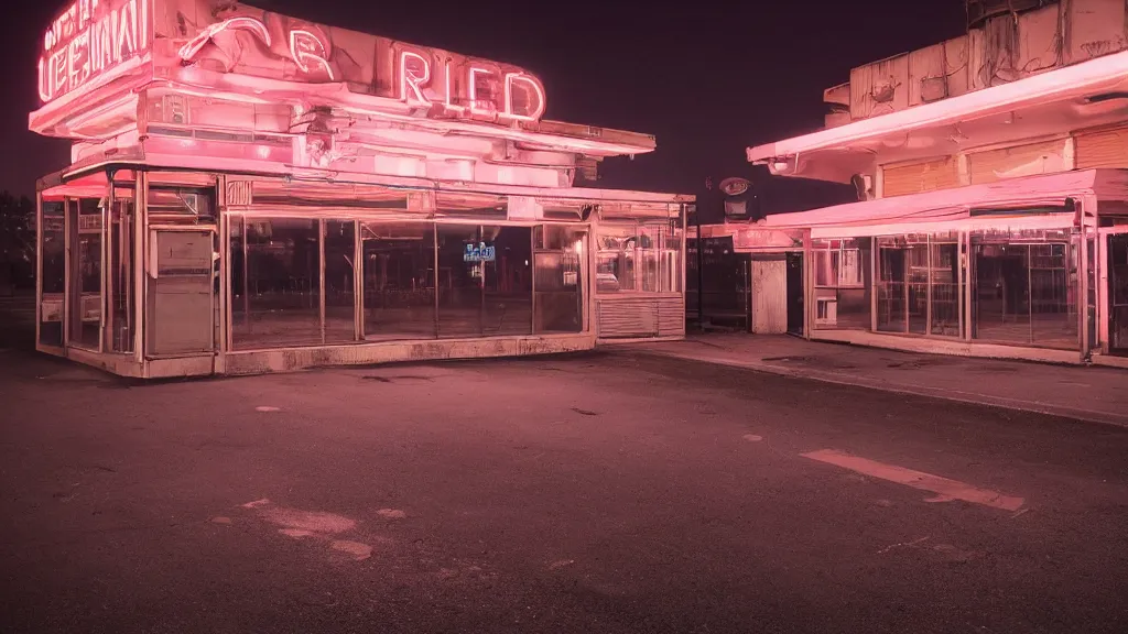 Image similar to an empty parking lout outside an abandoned retro diner at night, by lee madgwick and bastien lecouffe - deharme, pink and orange neon lights, highly detailed, photorealistic, artstation trending, cryenging 8 k uhd