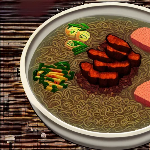 Prompt: 16-bit video game screenshot of ramen with pork and egg