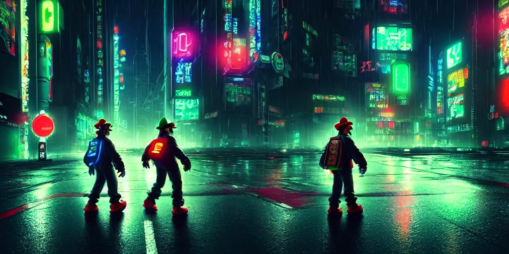Prompt: concept art of cyberpunk mario and luigi moving towards the camera on wet cyberpunk city streets at night cyberart in the style of liam wong in the film akira rendered in octane, 3 d render, trending on cgsociety, blender 3 d, displacement mapped, 8 k