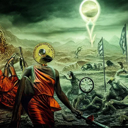 Image similar to crypto apocalypse, armageddon, photo - realistic, color image, 2 k, highly detailed, occult art