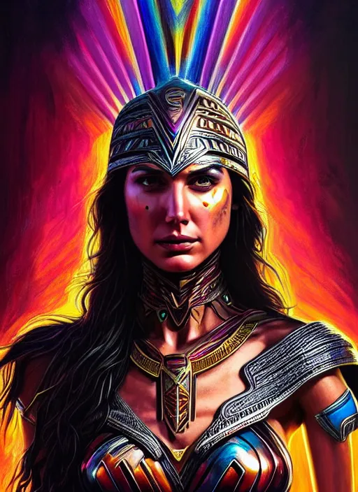 Prompt: portrait of gal gadot, hyper detailed ultra sharp aztec shaman warrior. trending on artstation, warpaint aesthetic, bloodwave, colorful, psychedelic, ornate, intricate, digital painting, concept art, smooth, sharp focus, illustration, art by artgerm and greg rutkowski and h. r. giger, 8 k