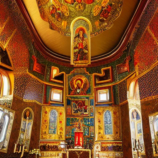 Prompt: gloomy photo of orthodox church interiors with walls painted in khokhloma style, gold red and black, wide angle, 24mm, 8k resolution, detailed, very beautiful