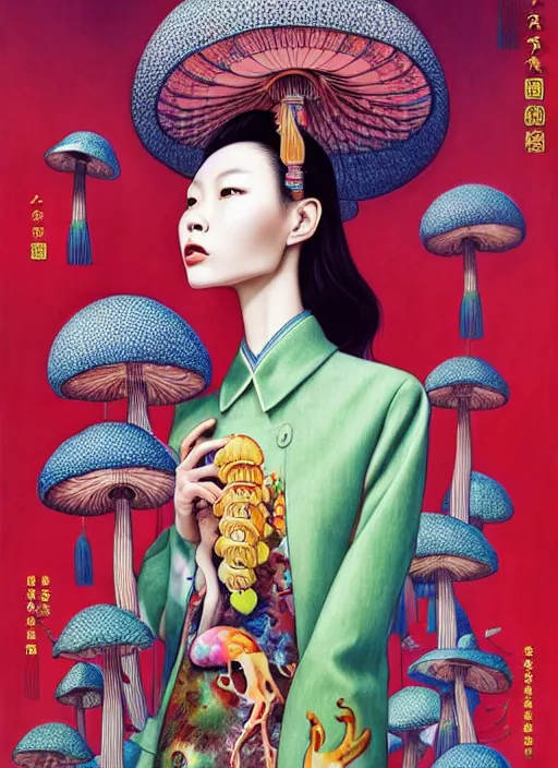 Image similar to pretty chinese model with hallucination mushroom : : by martine johanna and simon stalenhag and chie yoshii and casey weldon and wlop : : ornate, dynamic, particulate, rich colors, intricate, elegant, highly detailed, vogue, harper's bazaar art, fashion magazine, smooth, sharp focus,