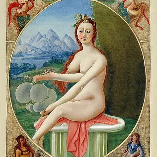 Prompt: The painting shows Venus seated on a crescent moon. She is surrounded by the goddesses Ceres and Bacchus, who are both holding cornucopias. by Maria Sibylla Merian lively