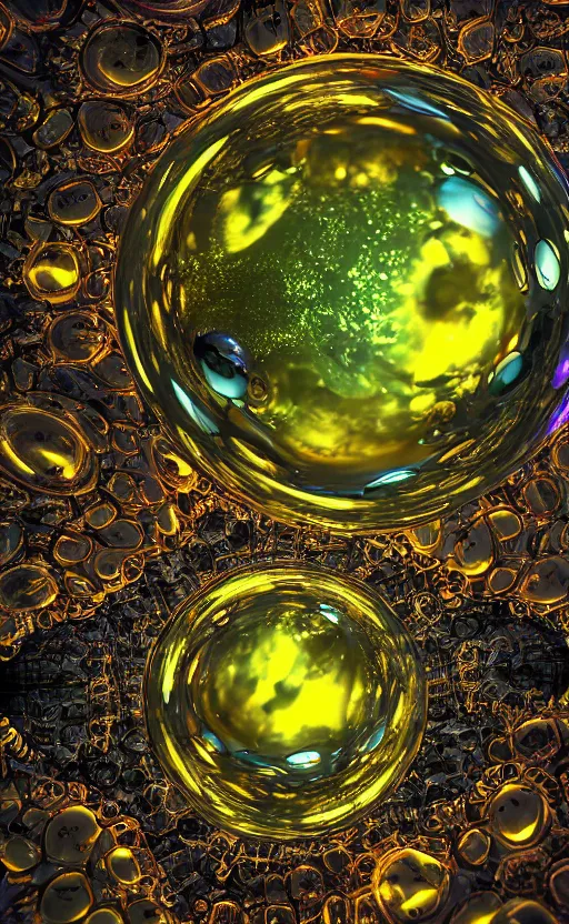 Image similar to macro photo of biotech organic bubble giving birth to a multicellular mandelbulb fractal shape, cyberpunk, weird, octane render, hyper realistic reflections, graphic, hd, 8 k, vivid colors
