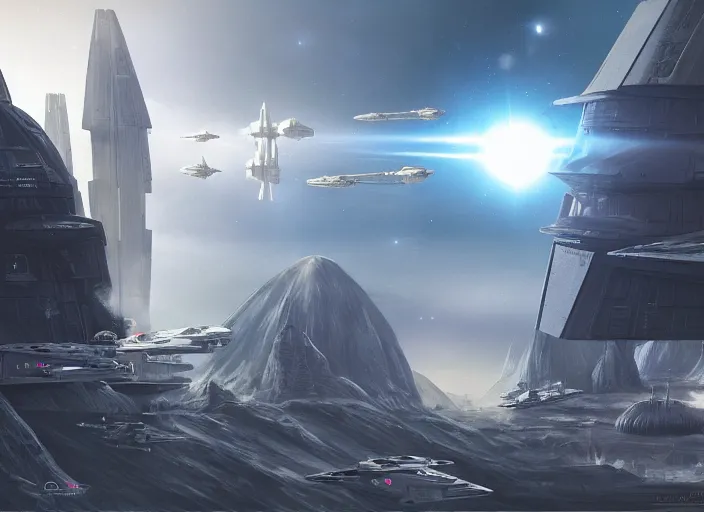 Image similar to a single large spaceship seen from the surface of a busy metropolis, star wars digital art, trending on art station