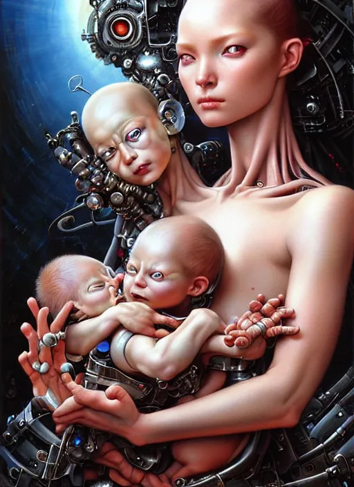 Prompt: realistic detailed 8k photo of futuristic cyborg-female maiden holding a newborn baby child in hands by Raphael Santi, by Ayami Kojima, Amano, Karol Bak, Greg Hildebrandt, and Mark Brooks, Neo-Gothic, gothic, rich deep colors. Beksinski painting, part by Adrian Ghenie and Gerhard Richter. art by Takato Yamamoto. masterpiece