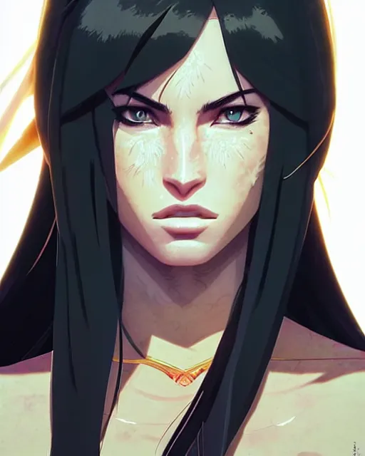 Image similar to azctec warrior, megan fox, detailed perfect face, exquisite details, fire magic, mid view, design on a white background, by studio muti, greg rutkowski makoto shinkai takashi takeuchi studio ghibli