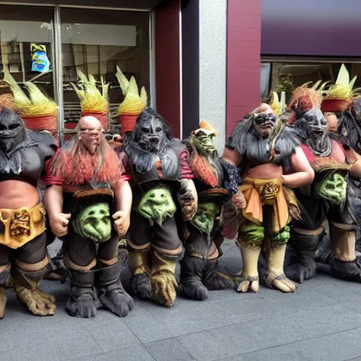 Image similar to orcs standing outside of a McDonald’s, protesting, the working conditions