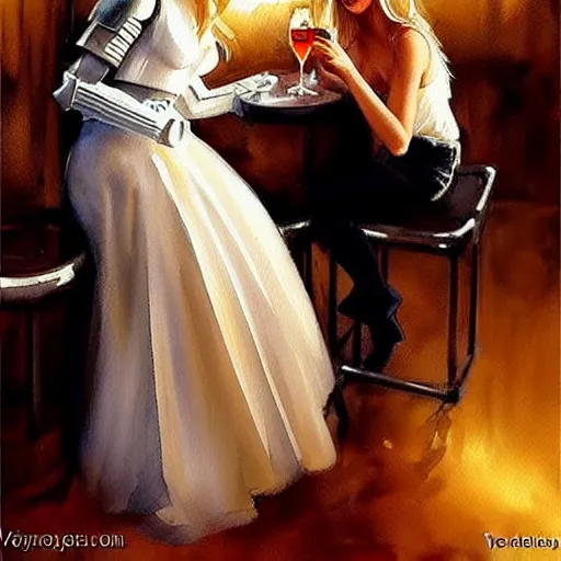 Image similar to stormtrooper and hot blonde drinking wine in a cellar, romantic, cozy, inviting, detailed, beautiful, atmospheric, impressionism, watercolor by vladimir volegov